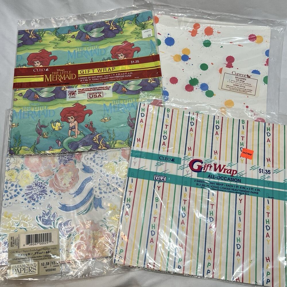 Lot of Vintage Gift Wrap Wrapping Paper Little Mermaid Floral Birthday Colorful